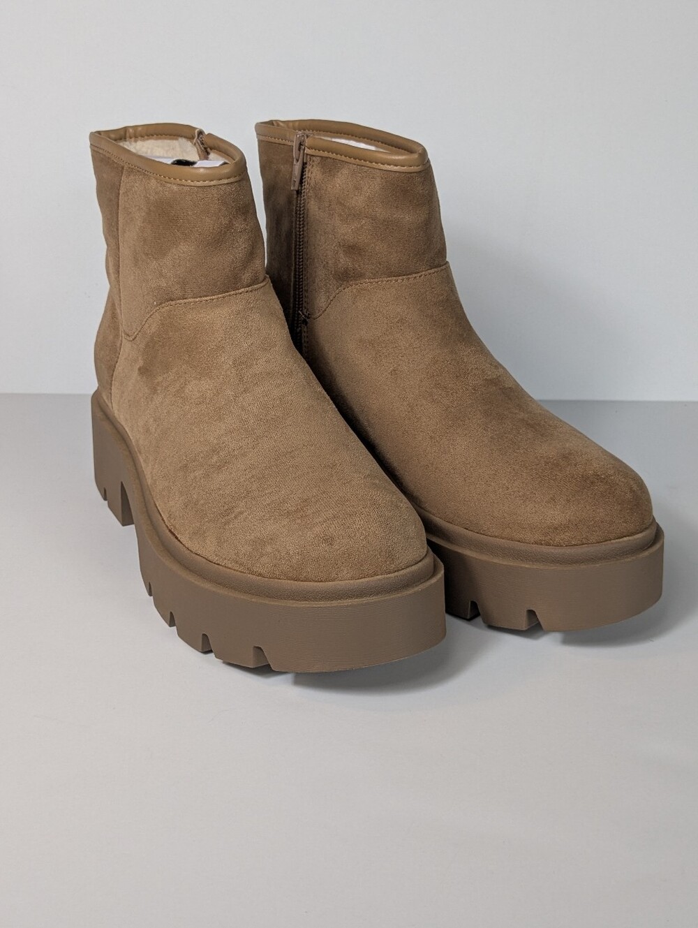Womens Cozy Lug Sole Ankle Boots Cognac Fleece Lined